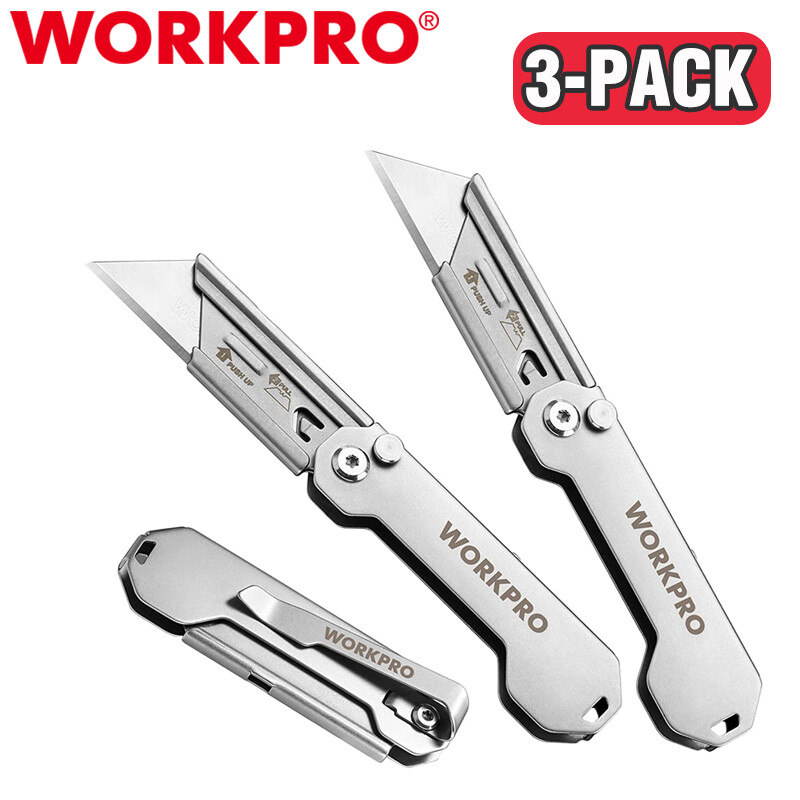 WORKPRO 3-Pack Folding Utility Knife Set EDC Knife Quick Change Blade Pocket gallery
