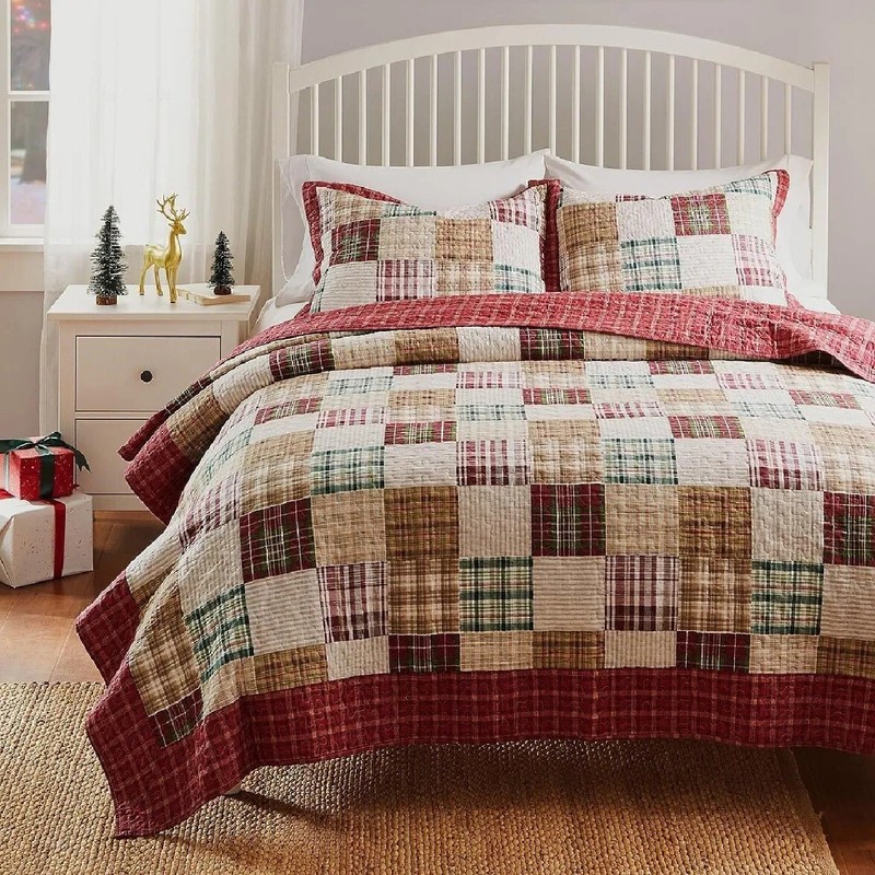 Quilt Set Red Tan Plaid Patchwork Twin Cotton Reversible Traditional Bedding gallery