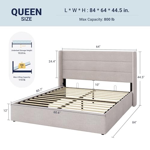 Queen Size Lift Up Storage Bed, Modern Wingback Headboard, Hydraulic Support,.. gallery