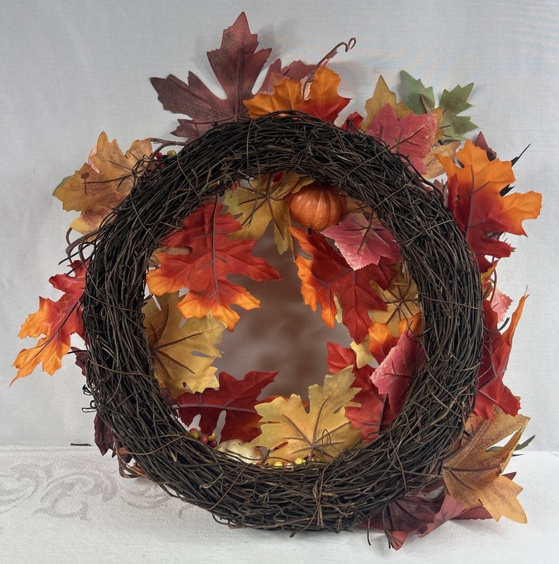 18” Artificial Autumn Maple Leaf & Berry Wreath – Fall Harvest Door Décor New gallery