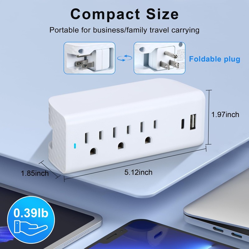 Multi Plug Outlet Extender, 3 AC+2 USB A and C Ports Power Strip with Indicat... gallery