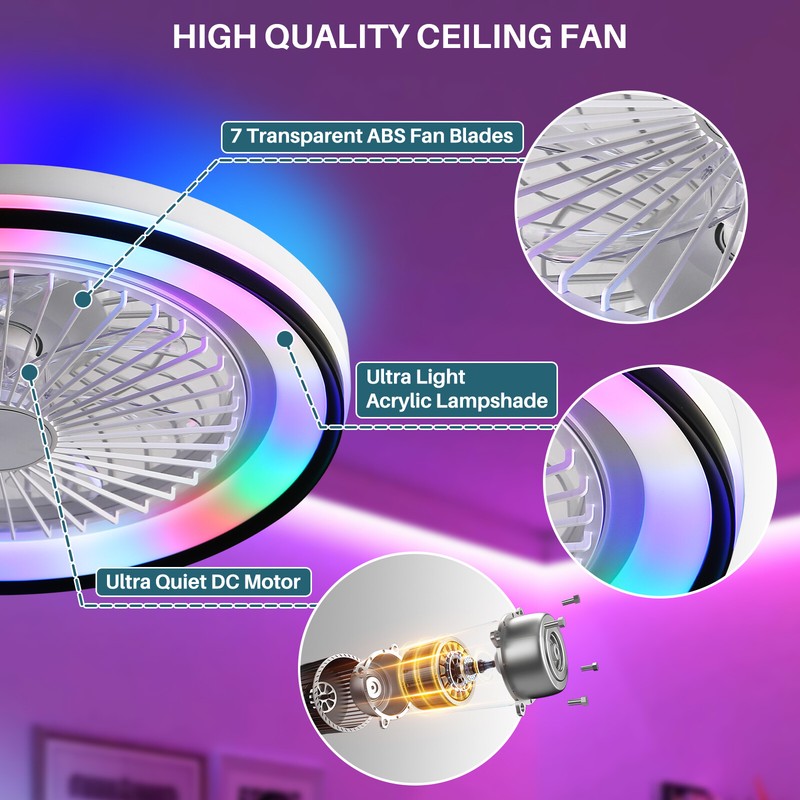 19IN Smart Bladeless Ceiling Fan with RGB Light Remote LED Voice/App Control US gallery