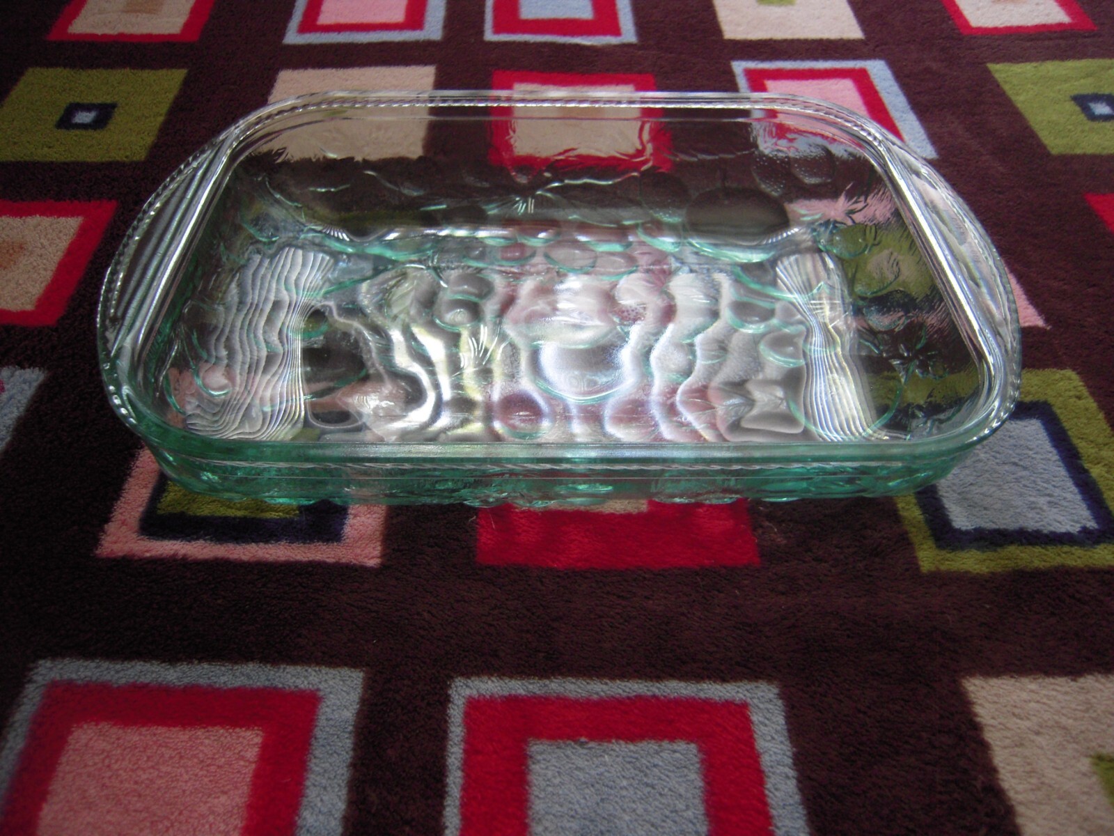 NOS VTG LIBBEY GREEN GLASS 3D FRUIT ORCHARD EMBOSSED BAKEWARE 12"L X 9"W X 2"D gallery