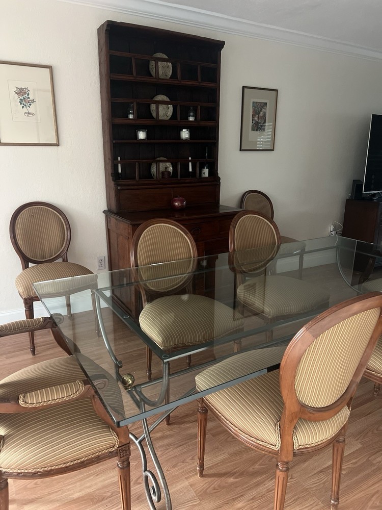 Glass Top Rectangular Dining Table Set, 8 Striped Fabric Upholstered Chairs
