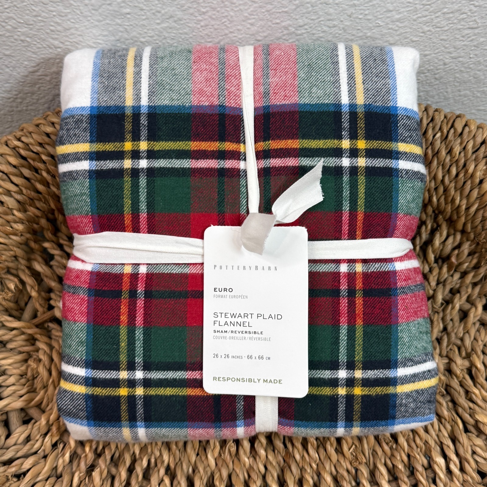 POTTERY BARN STEWART PLAID FLANNEL REVERSIBLE COMFORTER SHAM (1) EURO RED gallery