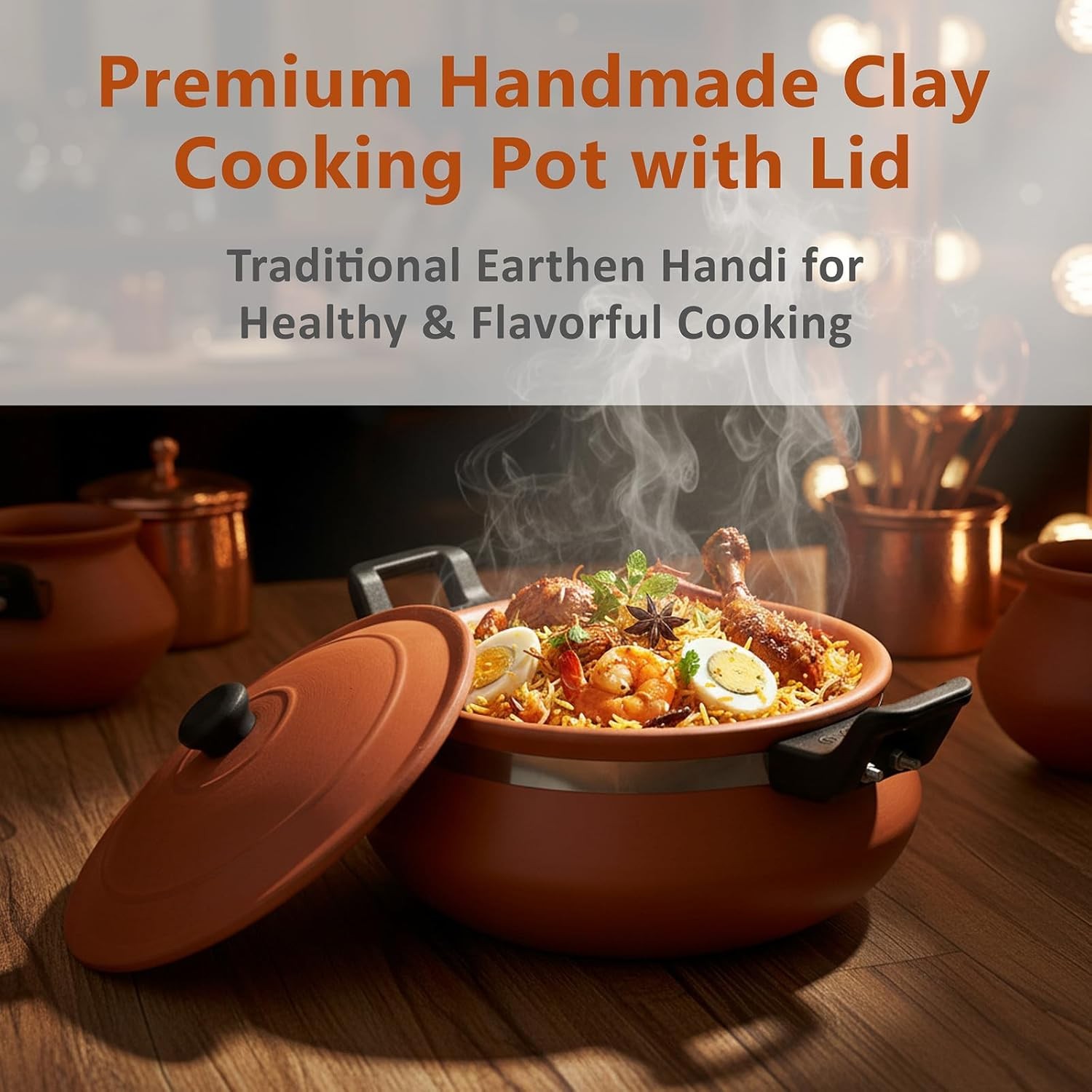 Clay Cooking Handi with Lid Terracotta Earthen Pot for Curry & Dal Handi - 1 L gallery