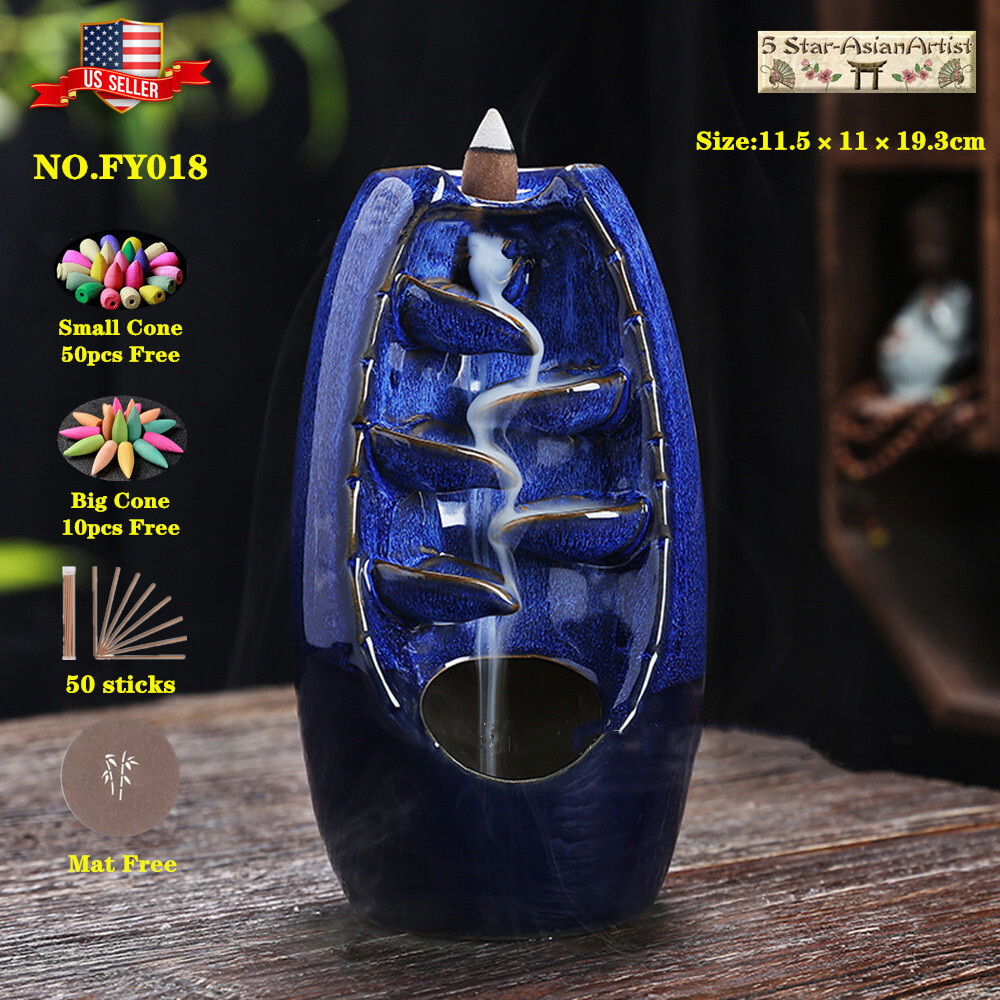 Ceramic Backflow Incense Cone Burner Holder Glaze WaterfallFY018 &60 Cones Gift gallery