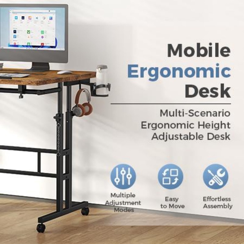 Dual Desktop Height Adjust Rolling Desk w/Cup Holder&Hook,Stand Computer Table gallery