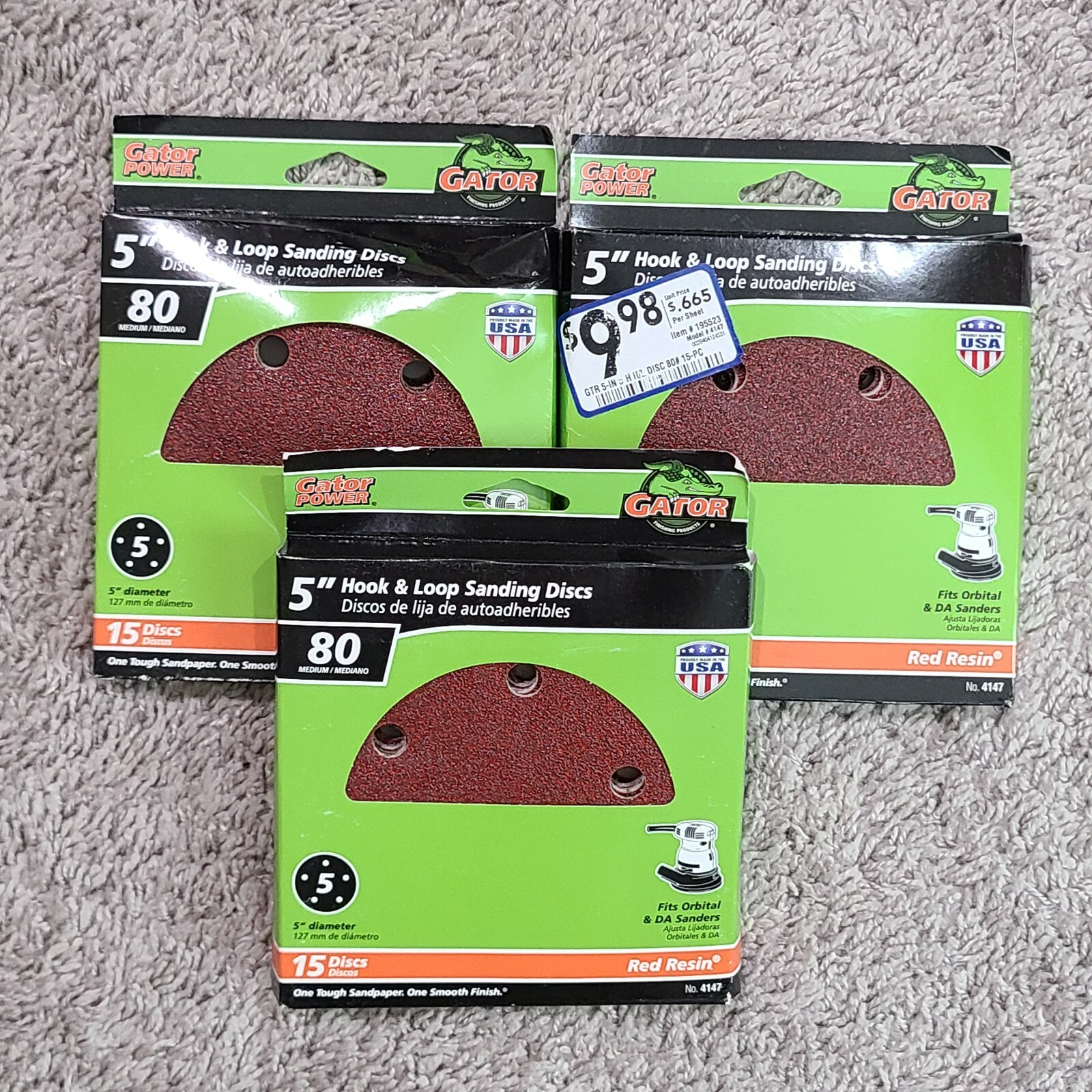 3 Packs Gator Power 5" Hook And Loop Sanding Discs 80 Medium 15 Discs Red Resin gallery