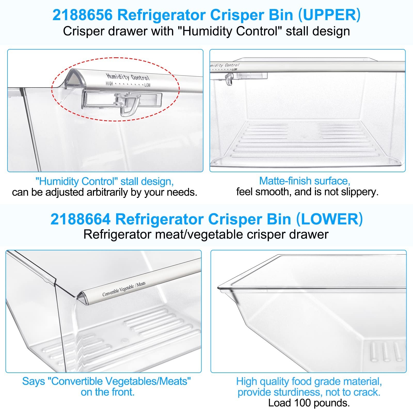 2Pack Upgraded 2188656 (Upper)2188664 (Lower) Fridge Crisper Bin Frigidaire gallery