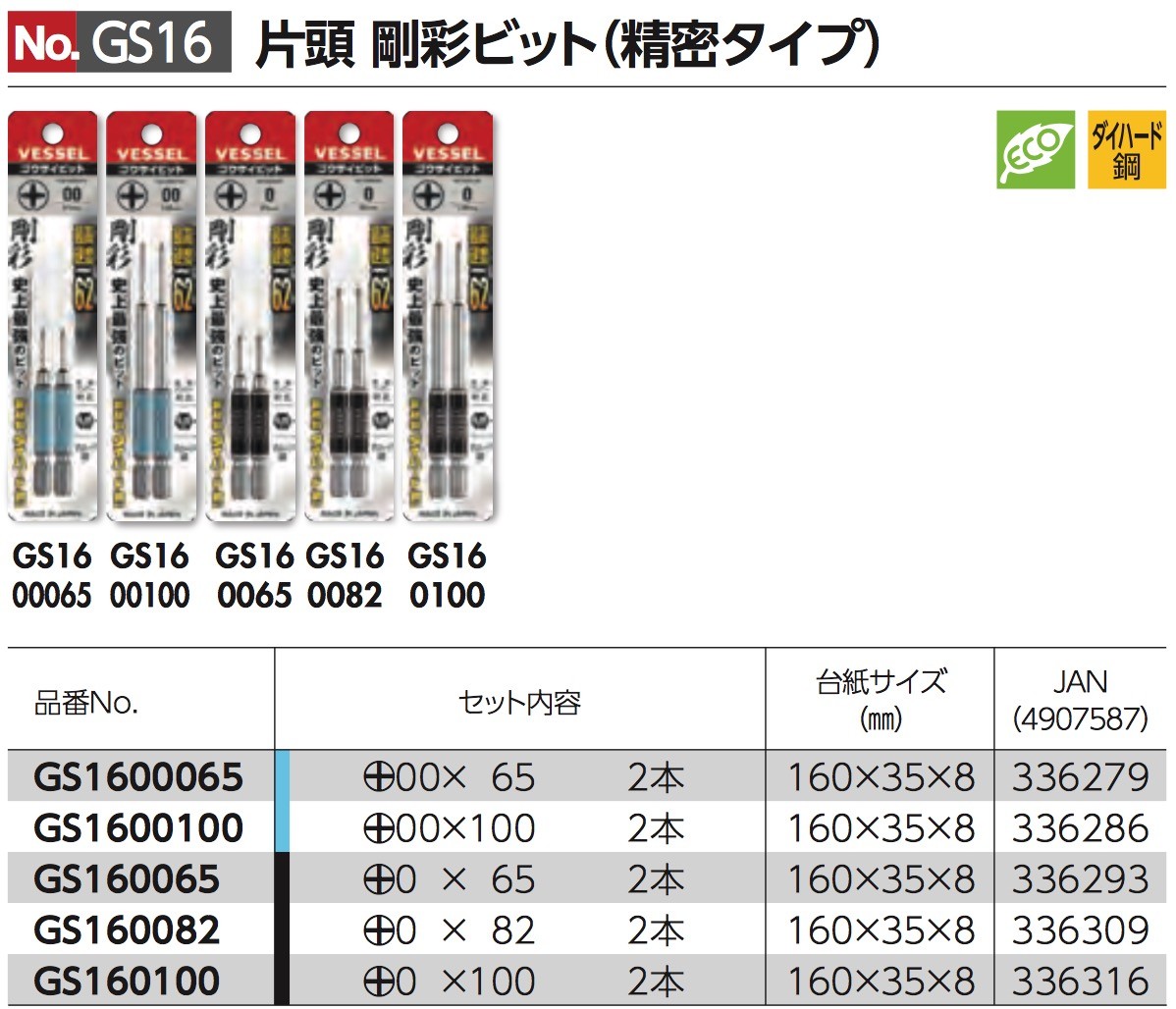 VESSEL GOSAI Color Coded Precision Driver Bit No.GS16 +00,+0 65-100mm 2pcs Japan gallery