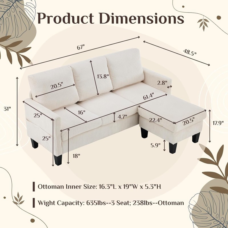 Small Sectional Couch L Shaped Sofa W/ Movable Storage Ottoman Corduroy gallery