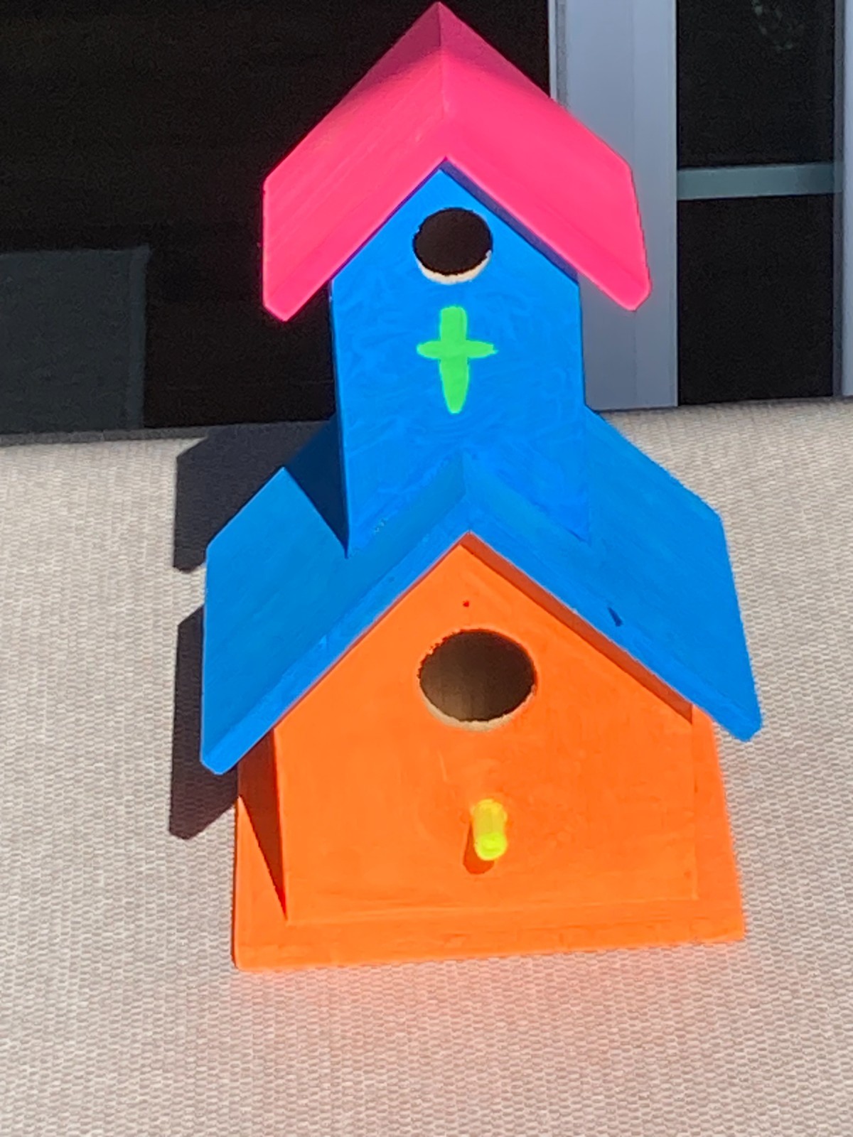 Handmade Bright Pink, Blue & Orange Wood 2-Level Church Birdhouse w/ Perch Post! gallery