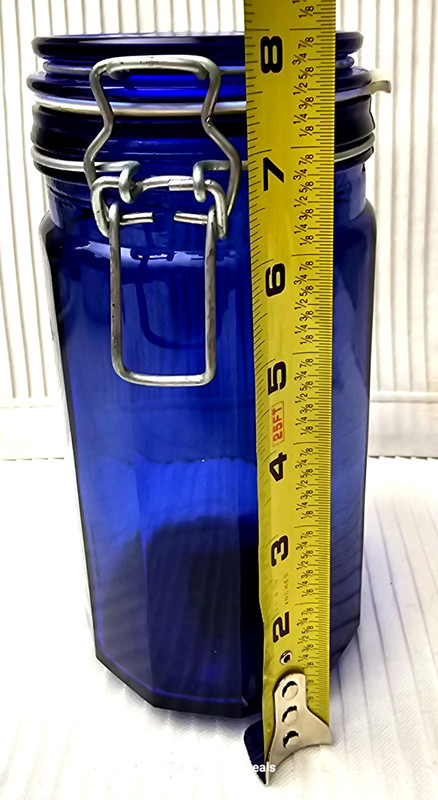 Blue Glass Storage Jar 12 Panel Dodecagon Airtight Wire Clamp Lid 8 Inch Tall GA gallery