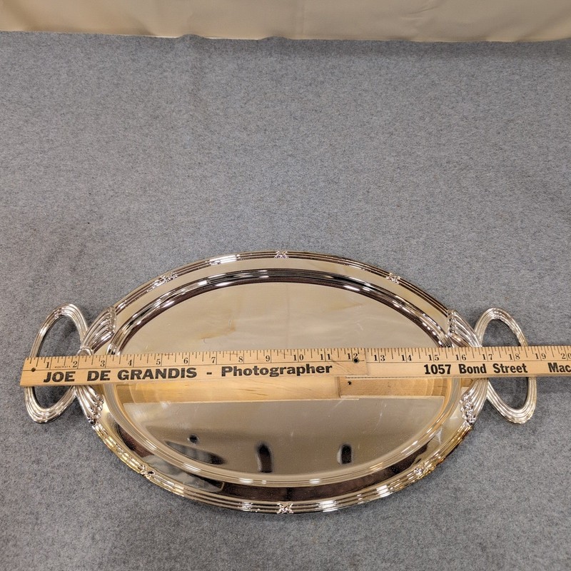 Silver Tone Oval Serving Tray with Decorative Handles Polished Mirror Finish gallery
