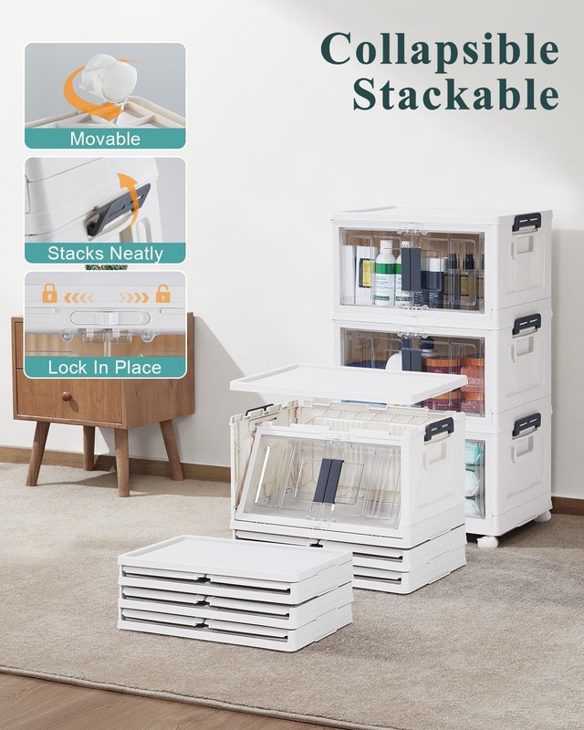 23QT Stackable Storage Bins with Lids - Folding Storage Box with Doors and Wh... gallery