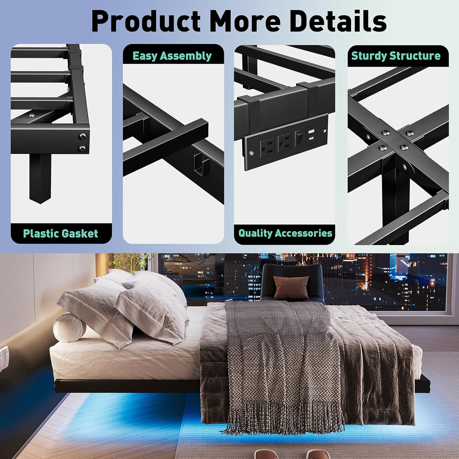 Floating Bed Frame with LED Lights and Charging Station King Size Bedframe gallery