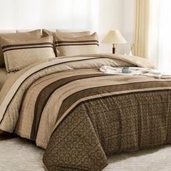 WONGS 7PCS QueenKing Comforter Set Brown Striped Bed in a Bag All Season Bedding