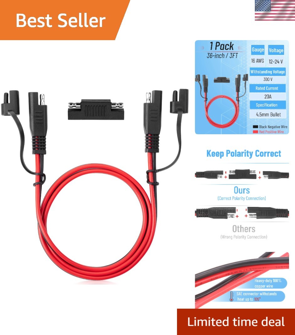 Bates 3FT SAE Extension Cable, 16 AWG, Quick Connect for Solar & Battery Use gallery