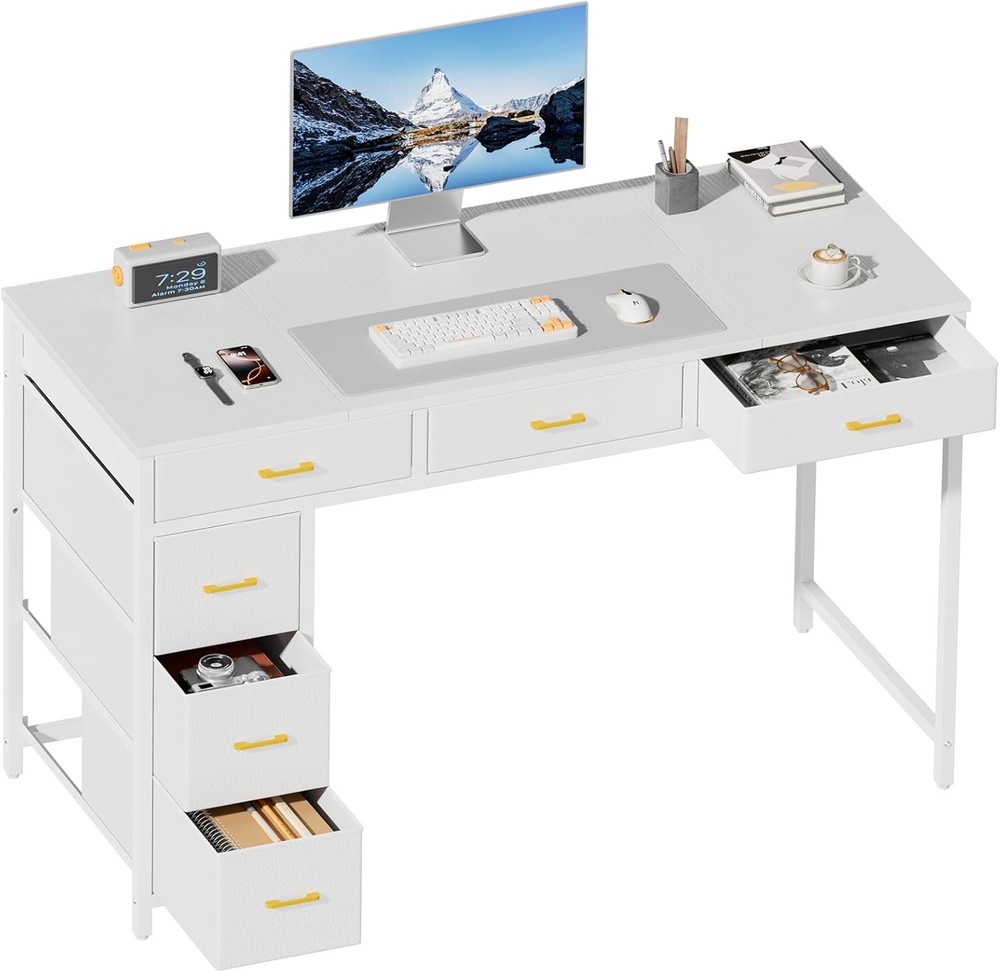 47 inch Computer Desk with 6 Fabric Drawers, Home Office Bedroom Desk,White