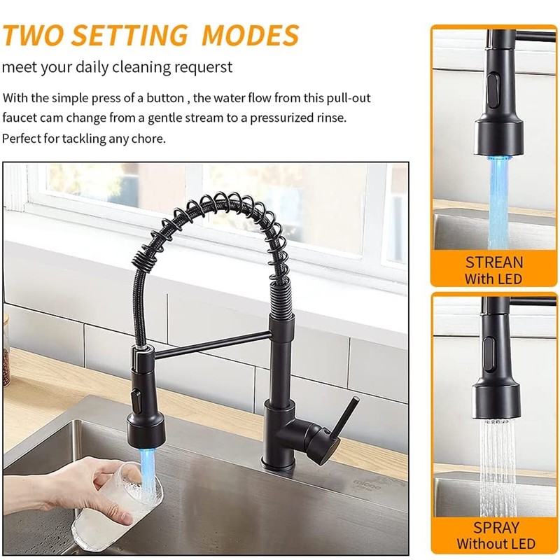 LED Light Kitchen Faucet with Pull Down Sprayer 1 Hole Swivel Sink Faucet Black gallery