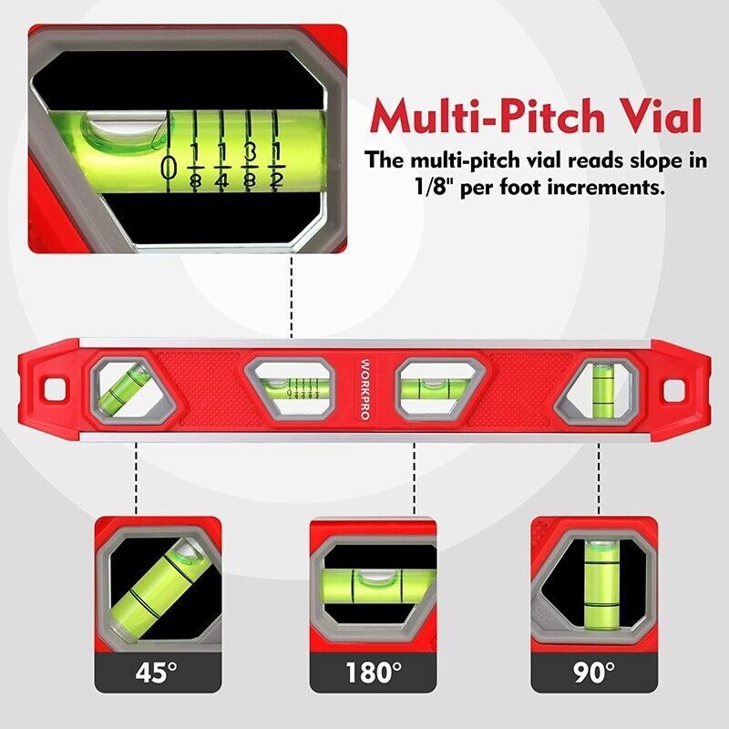 WORKPRO 12 Inch Torpedo Level 4 Bubble V-Groove Aluminum Magnetic Plumbing Level gallery