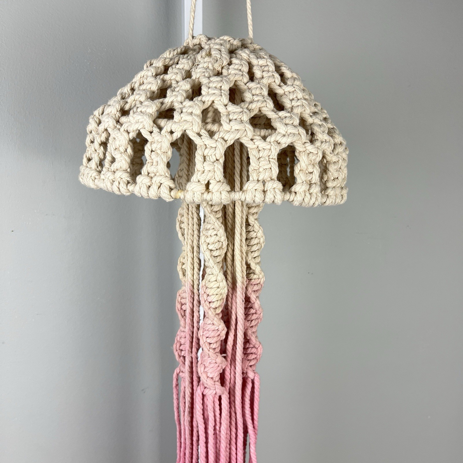 Hanging Macrame Jellyfish Pink Cream Fiber Art Boho Decor Ocean Sea Life 40" gallery