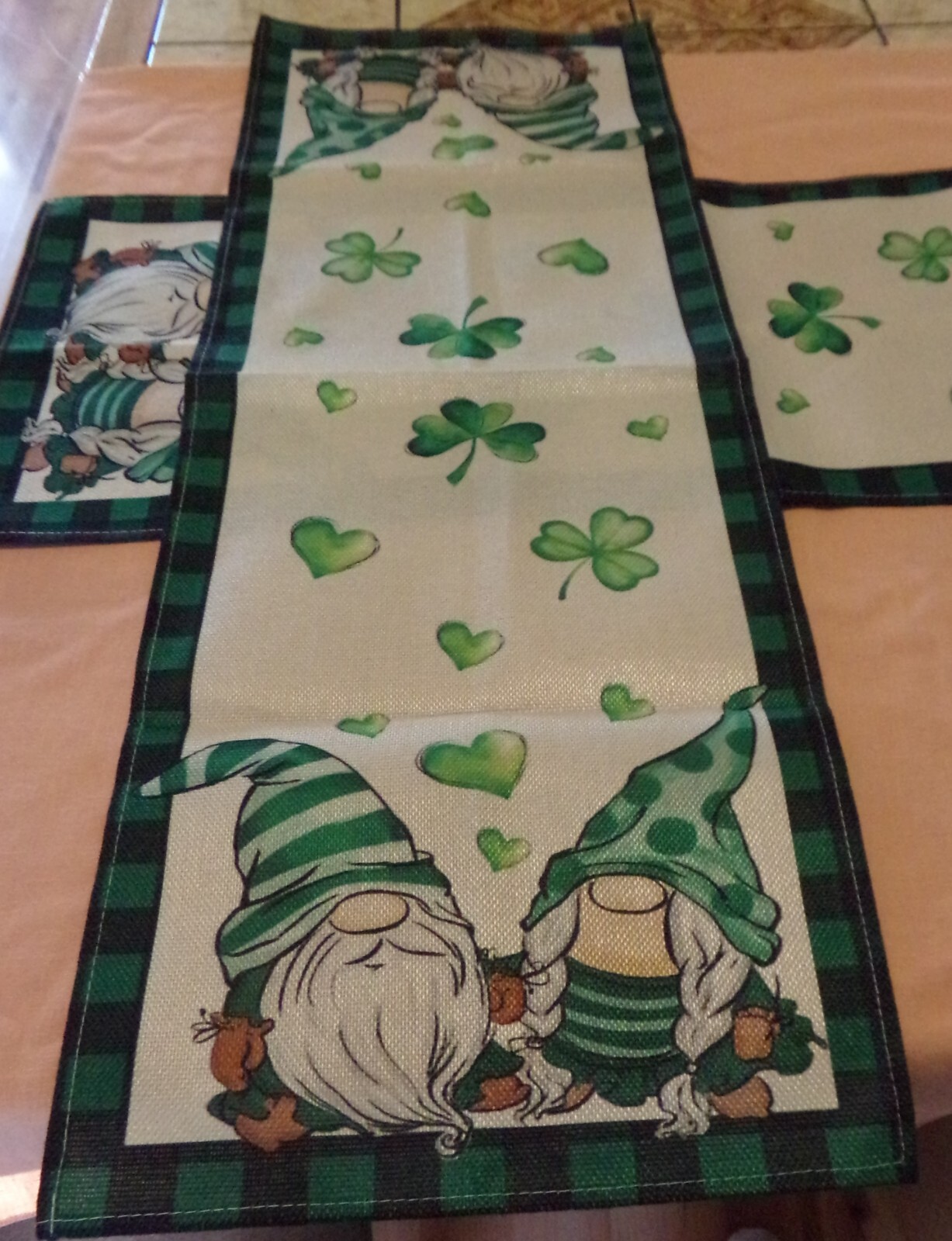 2 St. Patricks Irish Table Runners 13 x 36 Inches Plaid Border Gnomes Clover New gallery