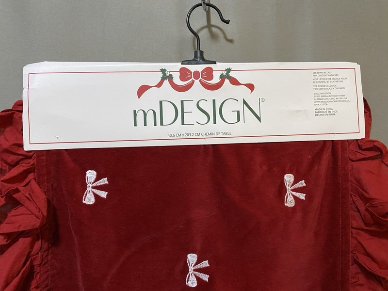 NWT mDesign Table Runner SZ 16" x 80" Embroidered Bows Ruffle Trim Red Corduroy gallery