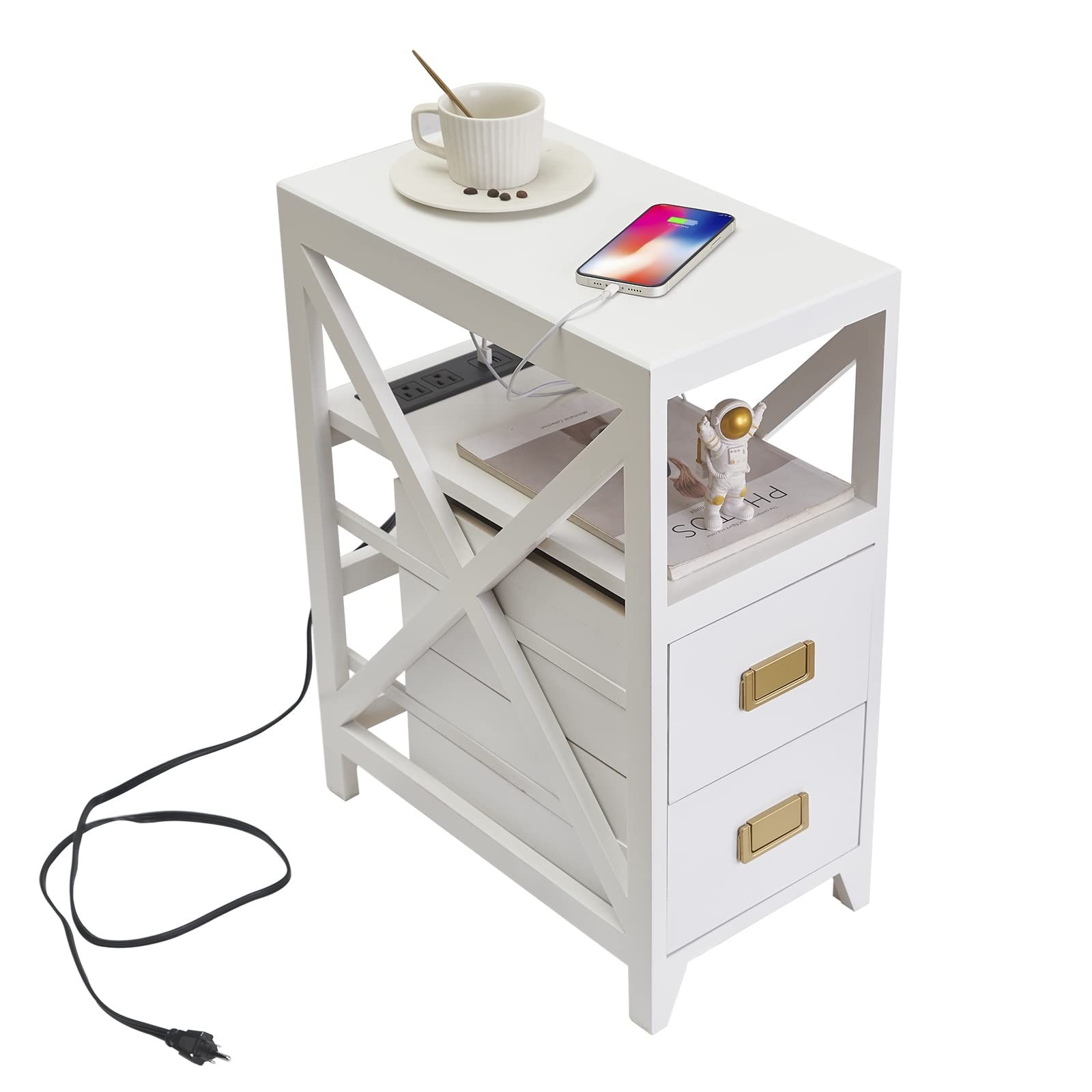 Fully Assembled Narrow Side Table with Charging Station, No Assembly Narrow N... gallery