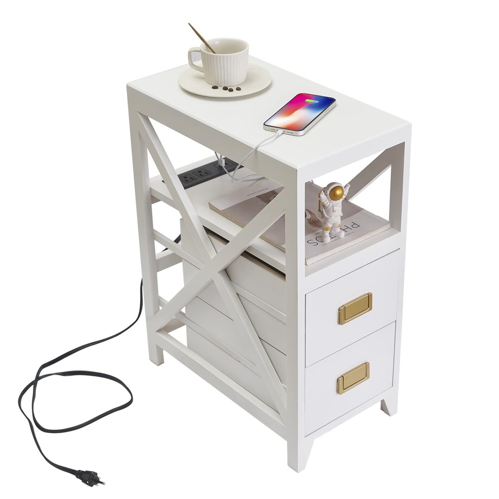 Fully Assembled Narrow Side Table with Charging Station, No Assembly Narrow N...