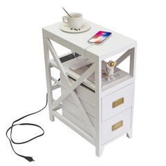 Fully Assembled Narrow Side Table with Charging Station, No Assembly Narrow N…