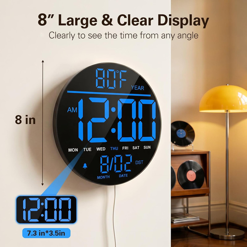 8" Large Digital Wall Clock with LED Display, Wall Clock with Temperature, Auto gallery