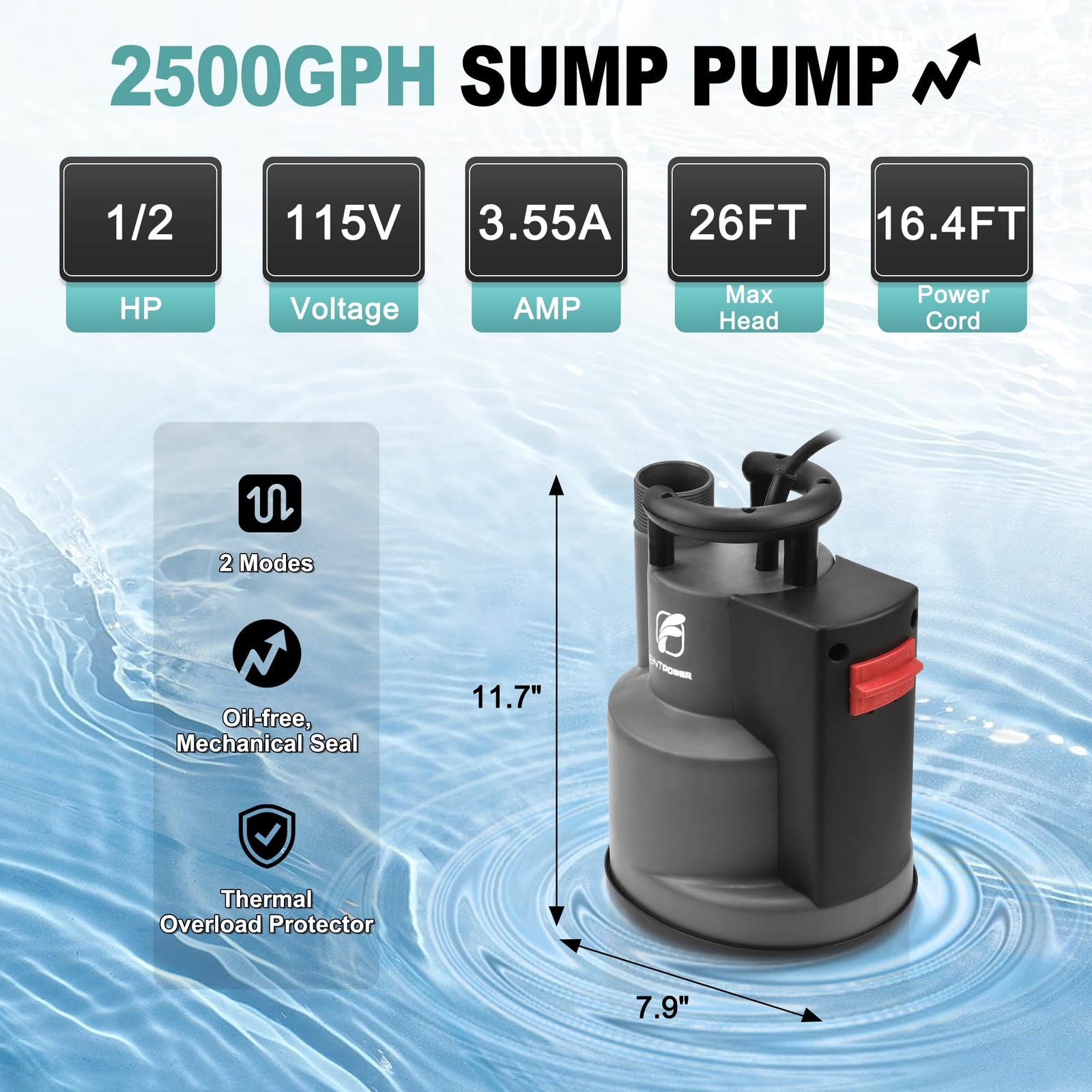 1/2HP Submersible Sump Pump 2500GPH, Auto/Manual Float Switch, 16.4 Ft Cord gallery