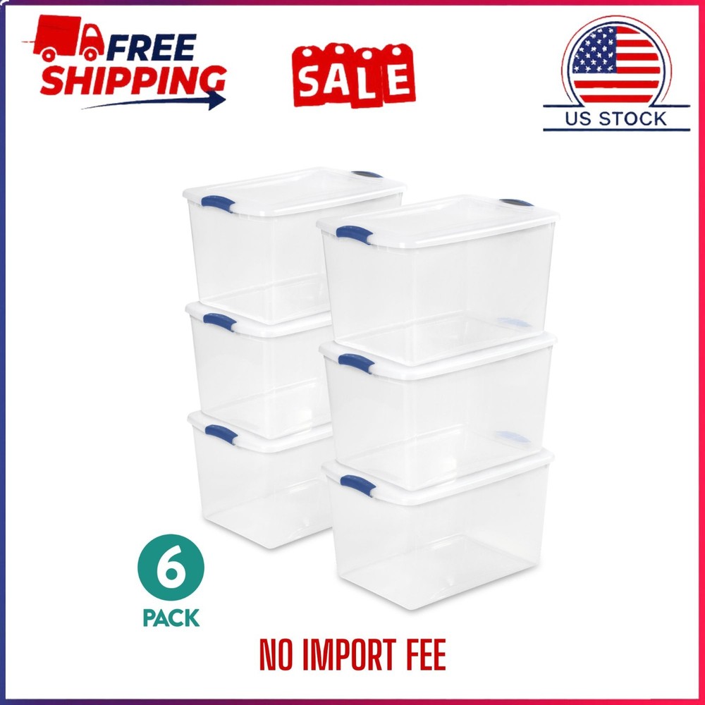 (6 pack) Sterilite Large Storage Bin, 66 Quart Clear Plastic Storage Container