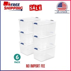 (6 pack) Sterilite Large Storage Bin, 66 Quart Clear Plastic Storage Container