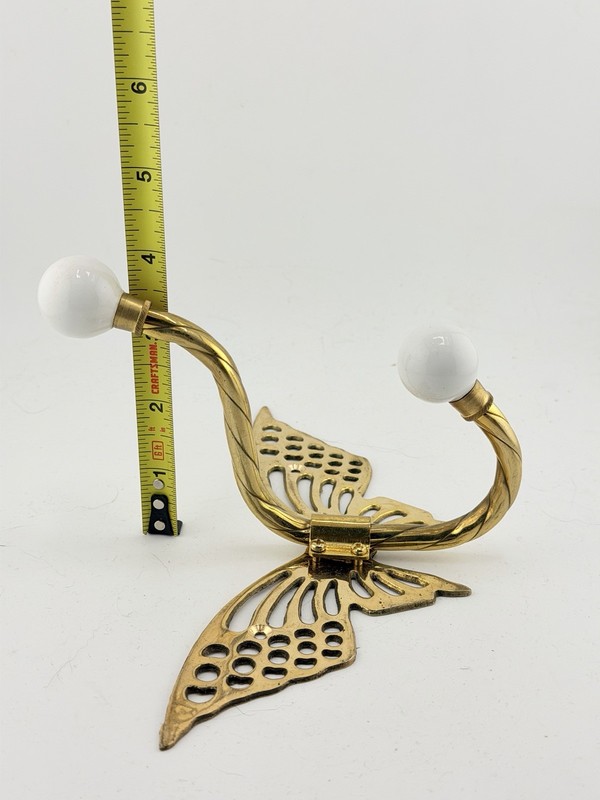 NOS Vintage Brass Butterfly Double Wall Hook White Ball Taiwan gallery