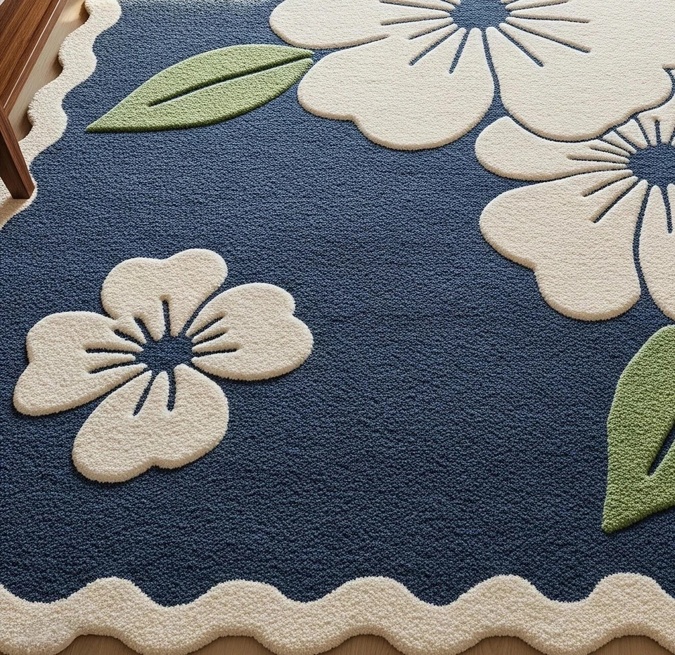 Blue White Green Hand Tufted Wool Rug, Modern Floral Scalloped Area Living Room gallery