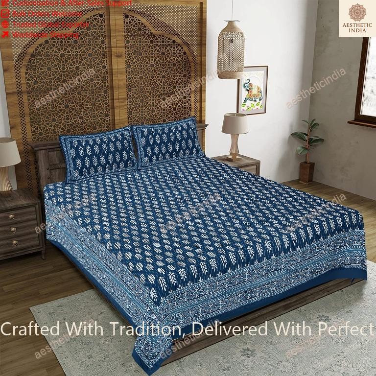 Indian Cotton Bedsheet With 2 Pillow Cover Indian Buti Design Double Sheet gallery