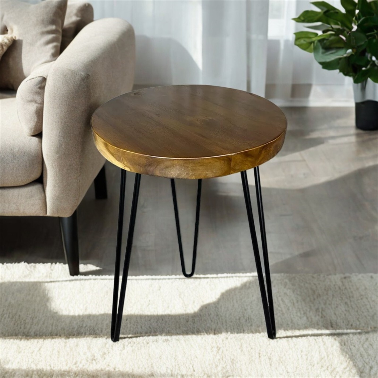 Natural Teak Wood Round End Side Table with Hairpin Legs 21" H Home Decor gallery