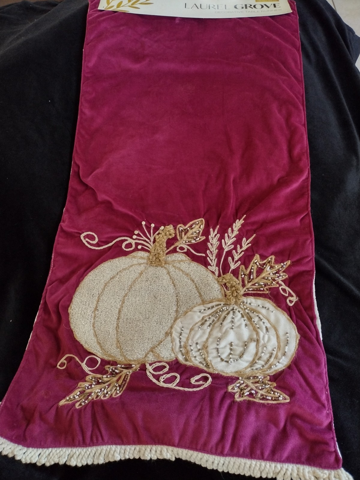 New Decorative Beaded Harvest/Fall Table Runner Velour Burgundy 16 in. X 72 In. gallery