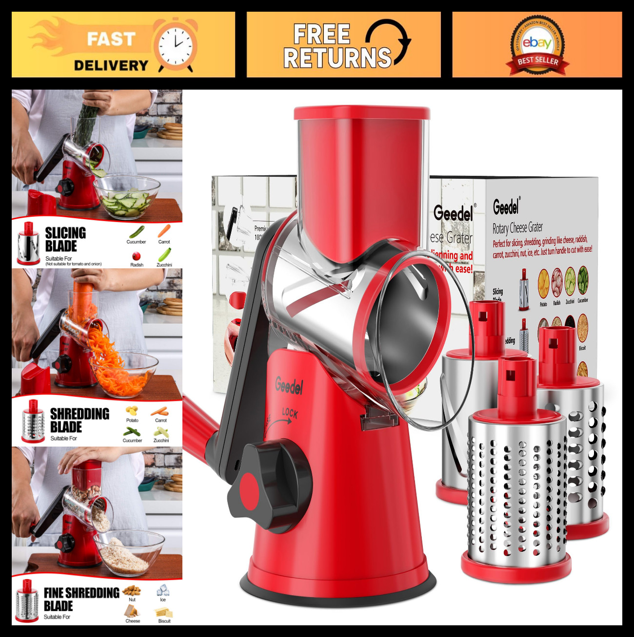 Rotary Cheese Grater & Vegetable Slicer with 3 Blades - Easy Clean Kitchen Tool gallery