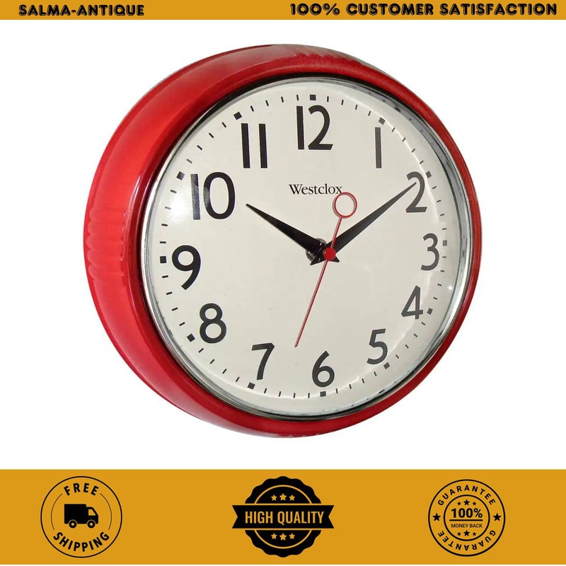Westclox Retro Wall Clock Red 12 Inch Round Analog Quartz Kitchen Chrome Bezel gallery