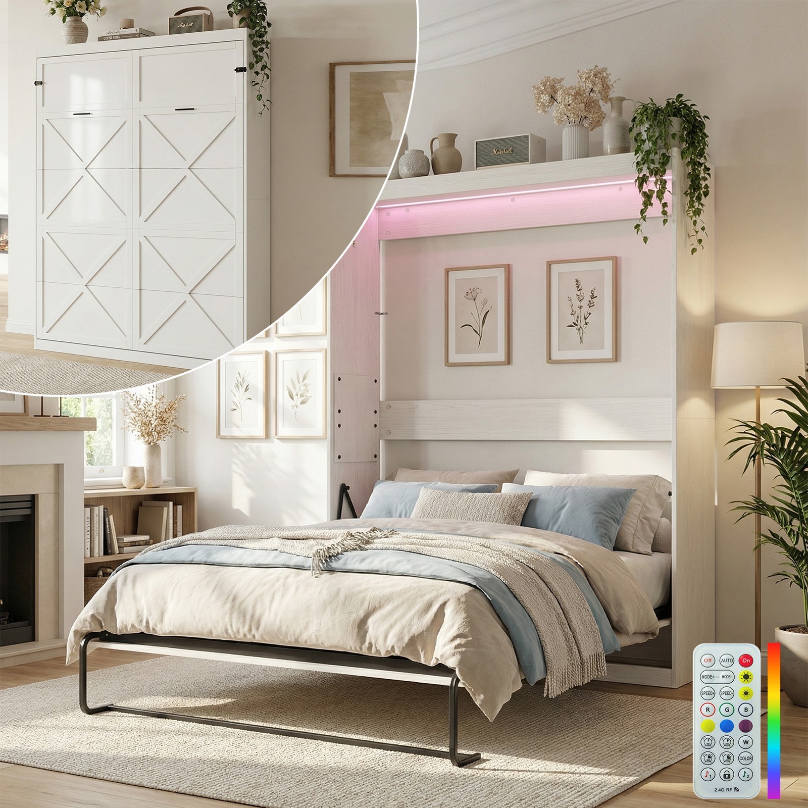 Murphy Bed with LED Lights, Hidden Murphy Wall Bed with Gas-Lift, No Mattress gallery