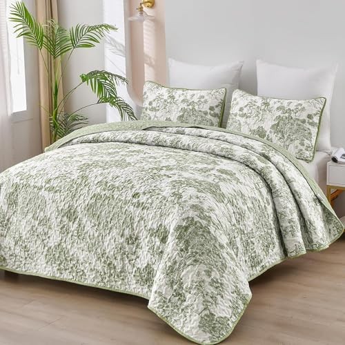 Botanical Quilt Set 3 Pieces Toile Floral Plants Printed King Sage Green gallery