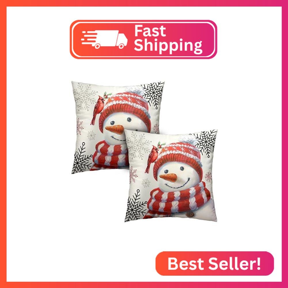 Kwlegh Red Snowman with Cardinal Bird Pillow Covers 24x24 Christmas Holiday Thro gallery