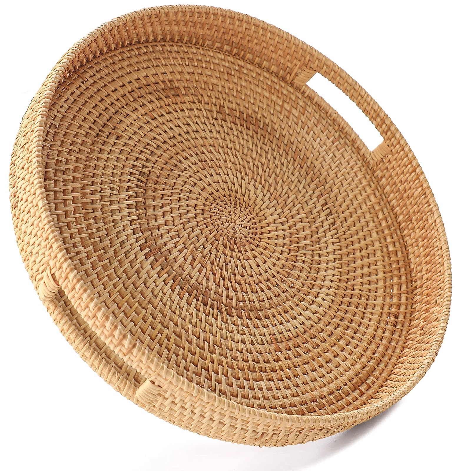 11.8" Hand-Woven Round Rattan Serving Tray Decorative Wicker Trays with Handl... gallery