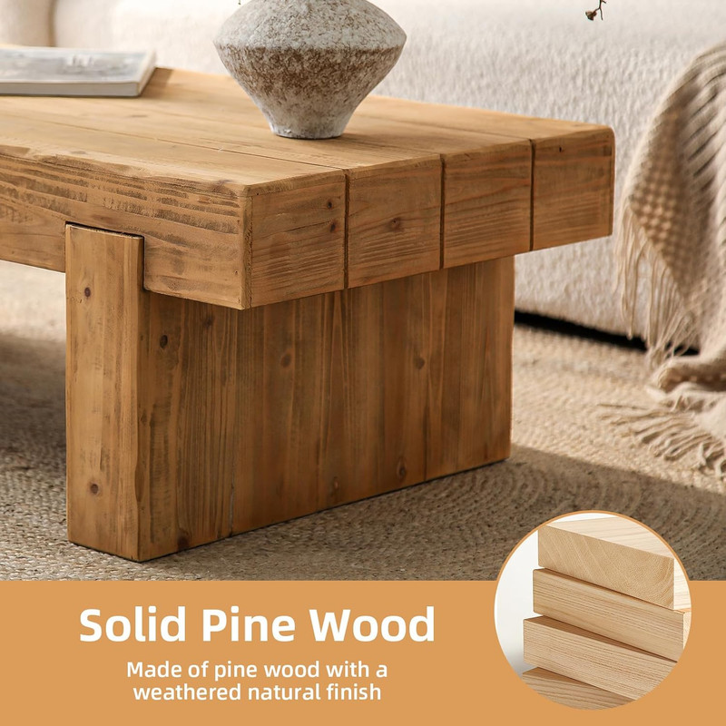 Natural Rectangle Coffee Table - Farmhouse Style, Low Profile Design gallery