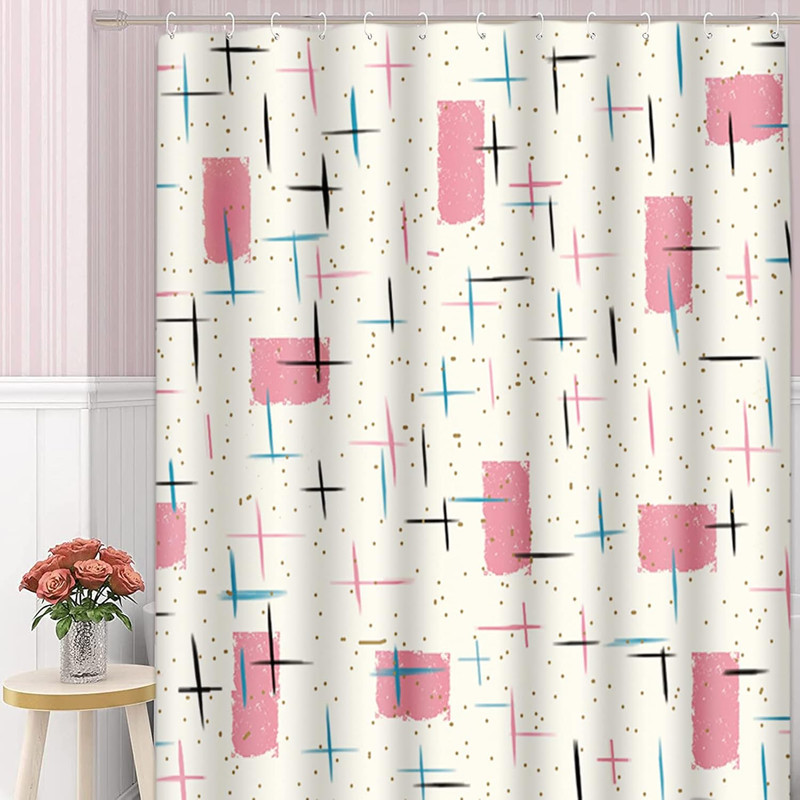 Shower Curtain Mid Atomic Pink Pattern Century Modern Turquoise 1950S Vintage 66 gallery