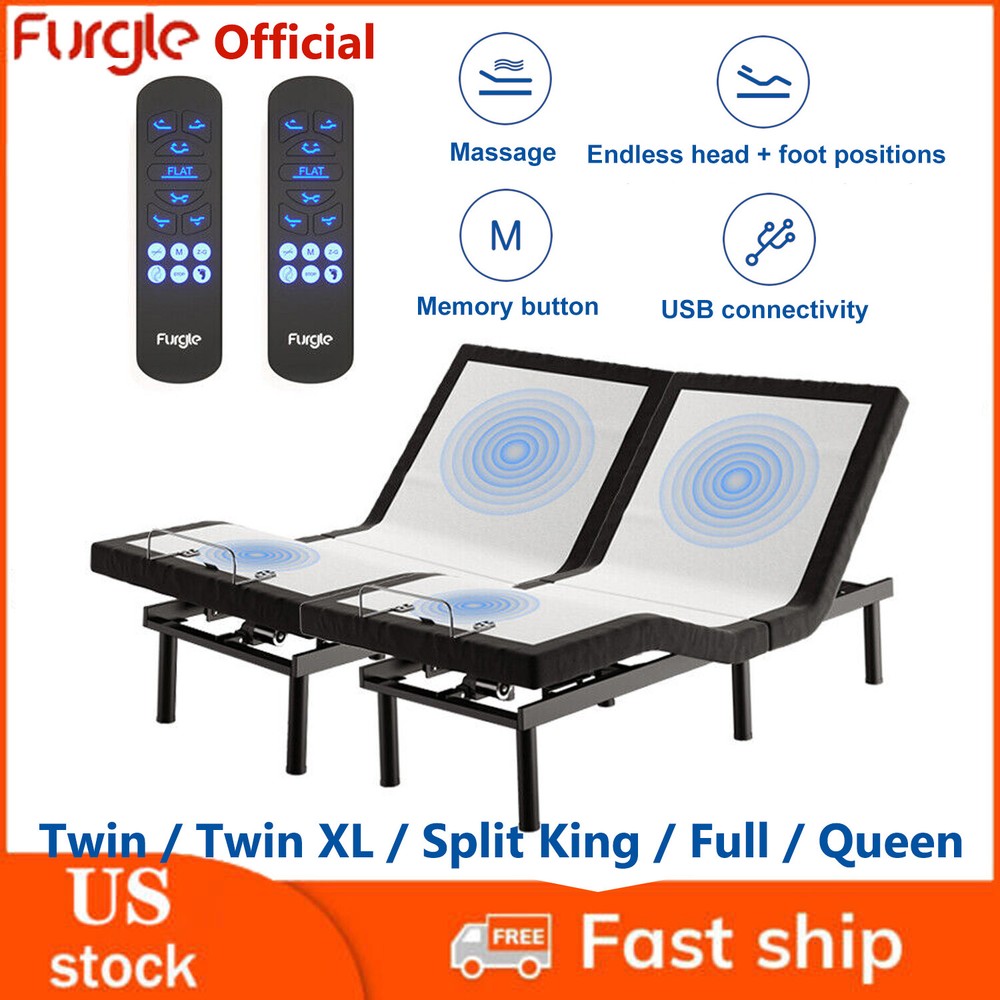 Furgle Adjustable Bed Frame Base Stress Massage Wireless Remote USB Quiet Motor